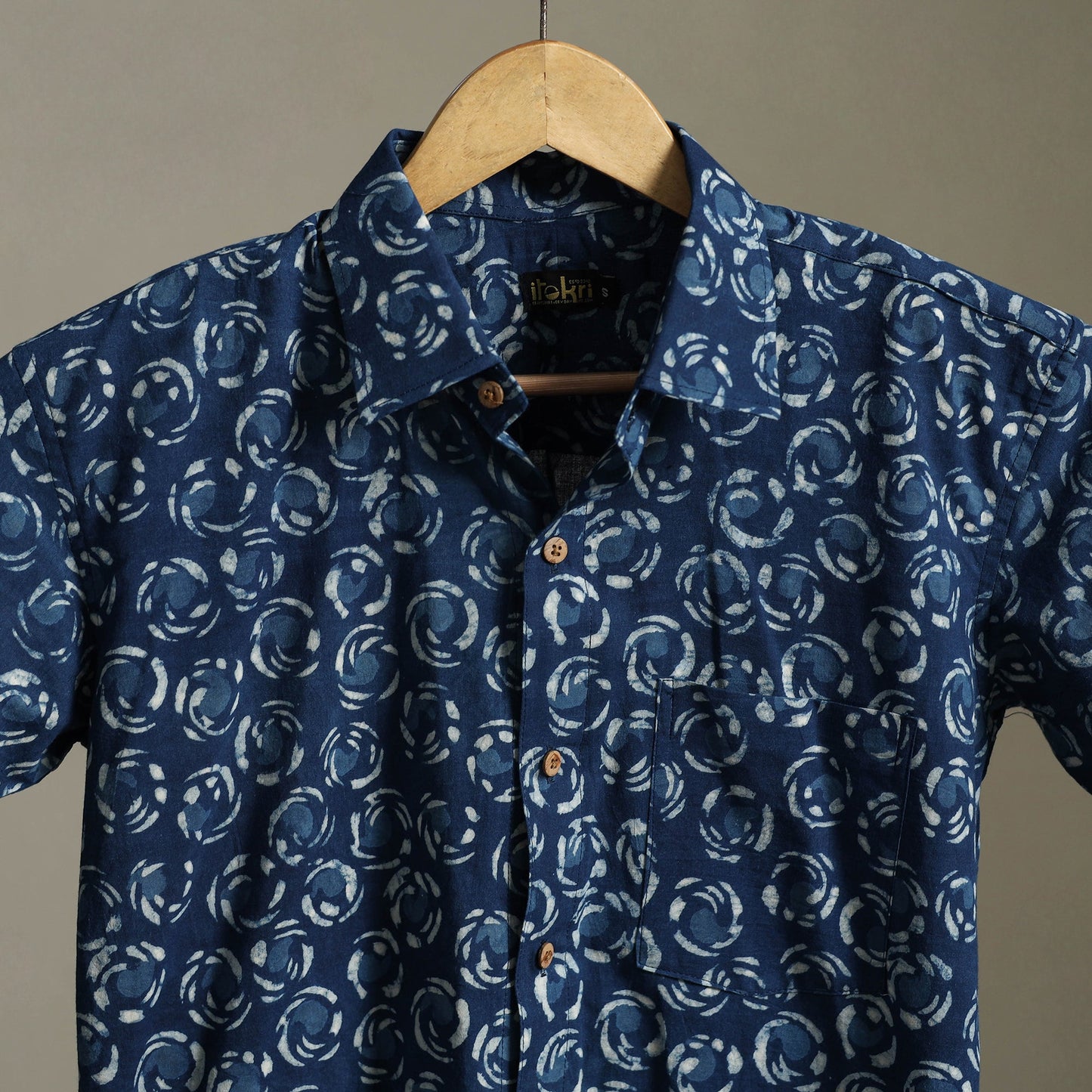 Blue Block Print Cotton Men Half Sleeve Indigo Bagru Shirt