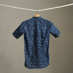Blue Block Print Cotton Men Half Sleeve Indigo Bagru Shirt