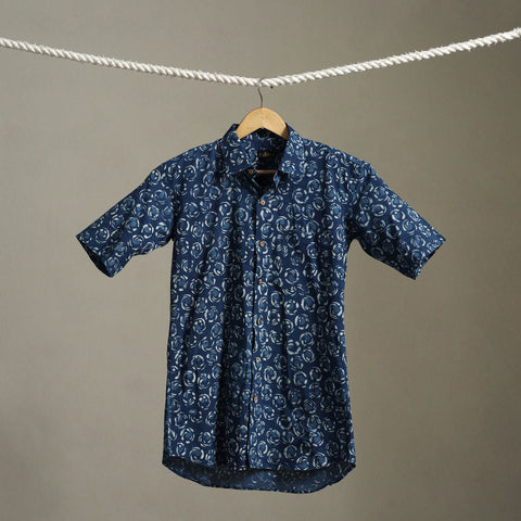 Blue Block Print Cotton Men Half Sleeve Indigo Bagru Shirt