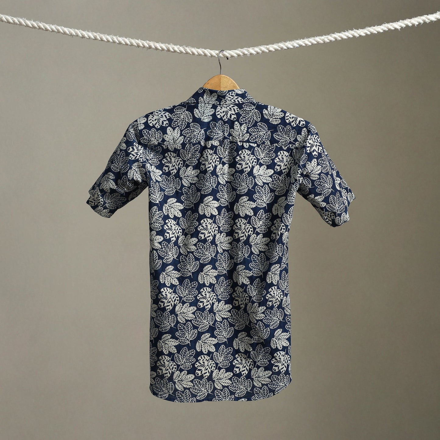 Blue Block Print Cotton Men Half Sleeve Indigo Bagru Shirt