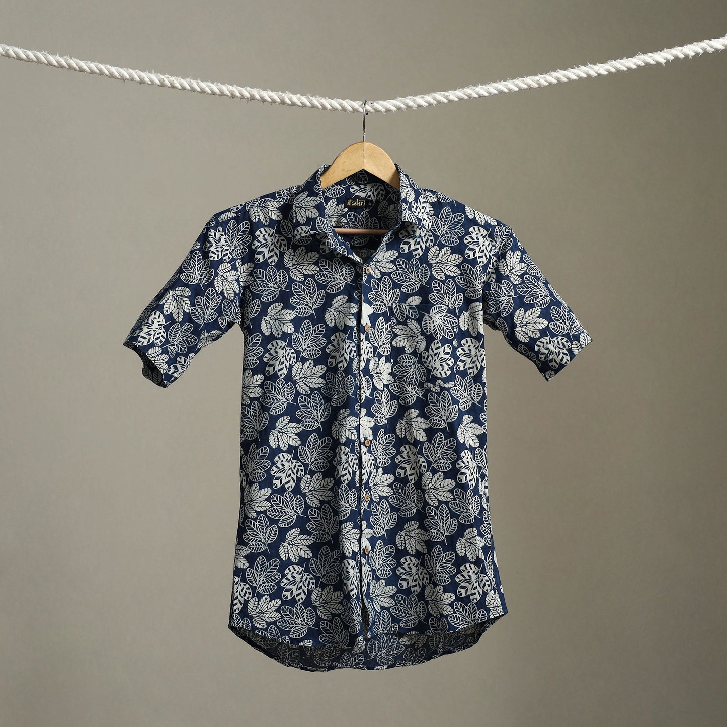 Blue Block Print Cotton Men Half Sleeve Indigo Bagru Shirt
