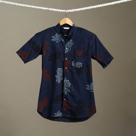 Blue Block Print Cotton Men Half Sleeve Ajrakh Shirt