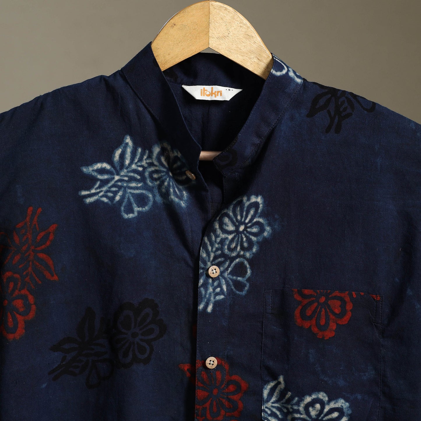 Blue Block Print Cotton Men Half Sleeve Ajrakh Shirt