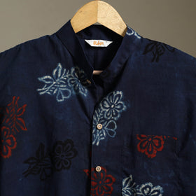 Blue Block Print Cotton Men Half Sleeve Ajrakh Shirt