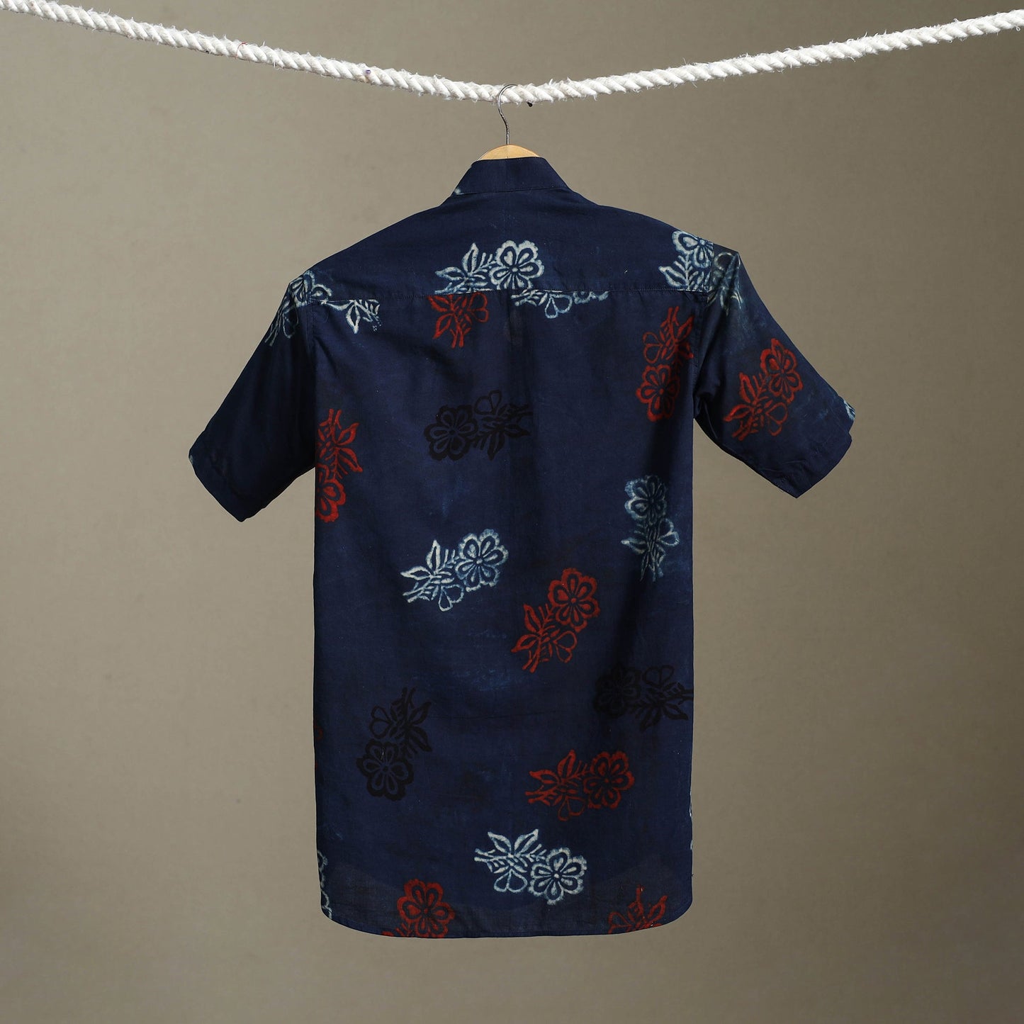 Blue Block Print Cotton Men Half Sleeve Ajrakh Shirt