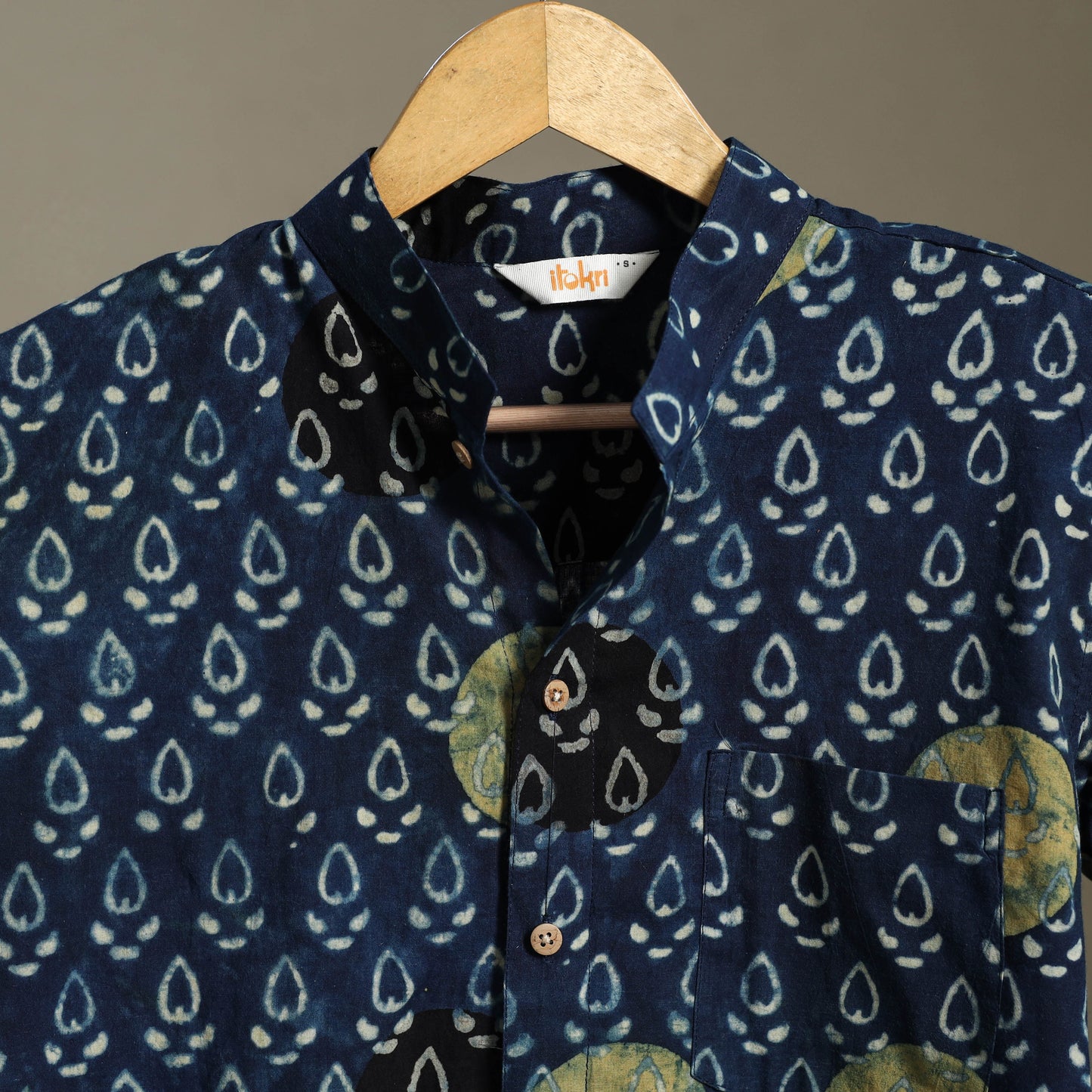 Blue Block Print Cotton Men Half Sleeve Ajrakh Shirt