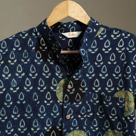 Blue Block Print Cotton Men Half Sleeve Ajrakh Shirt