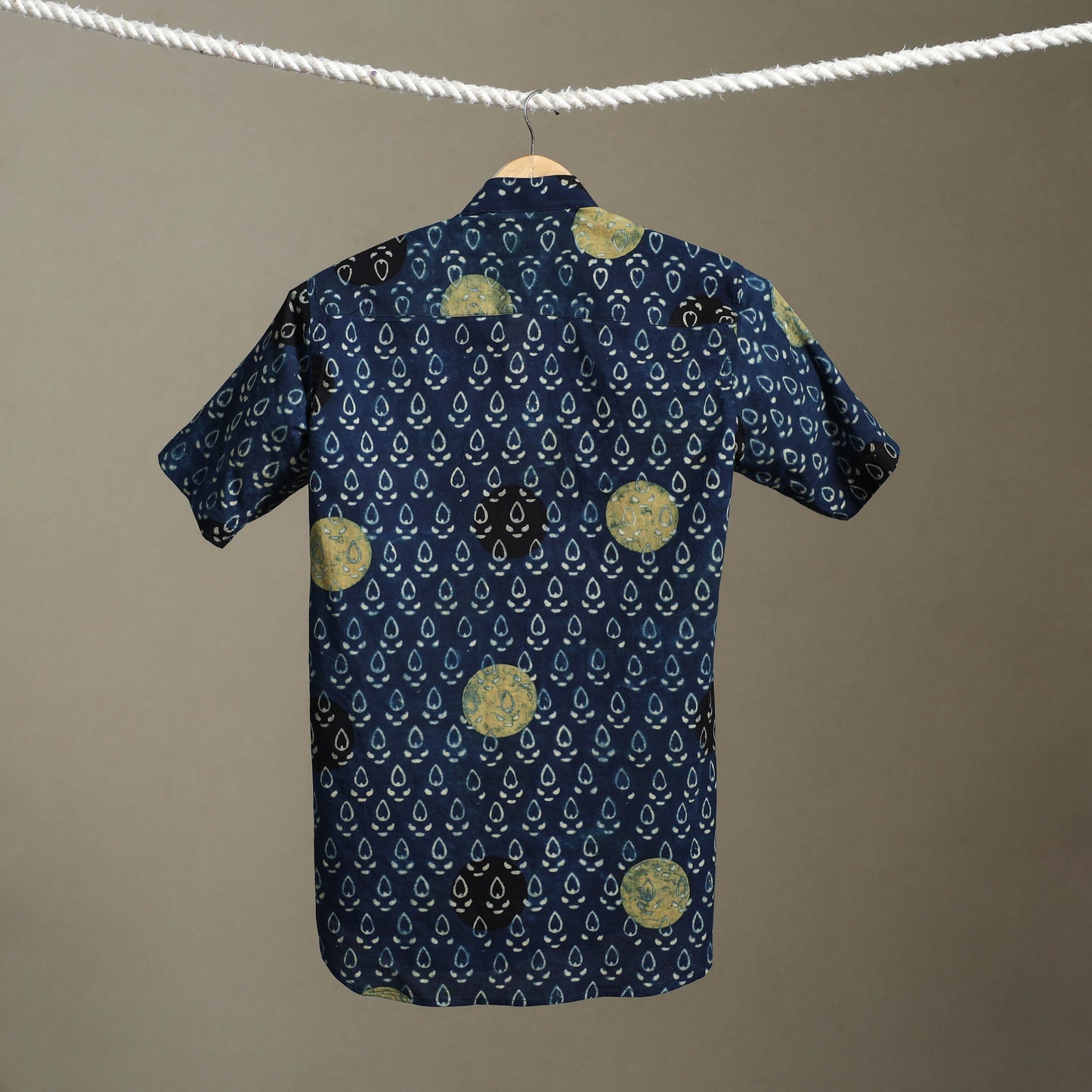 Blue Block Print Cotton Men Half Sleeve Ajrakh Shirt