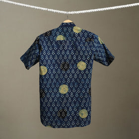 Blue Block Print Cotton Men Half Sleeve Ajrakh Shirt