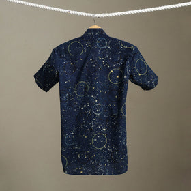 Blue Block Print Cotton Men Half Sleeve Ajrakh Shirt