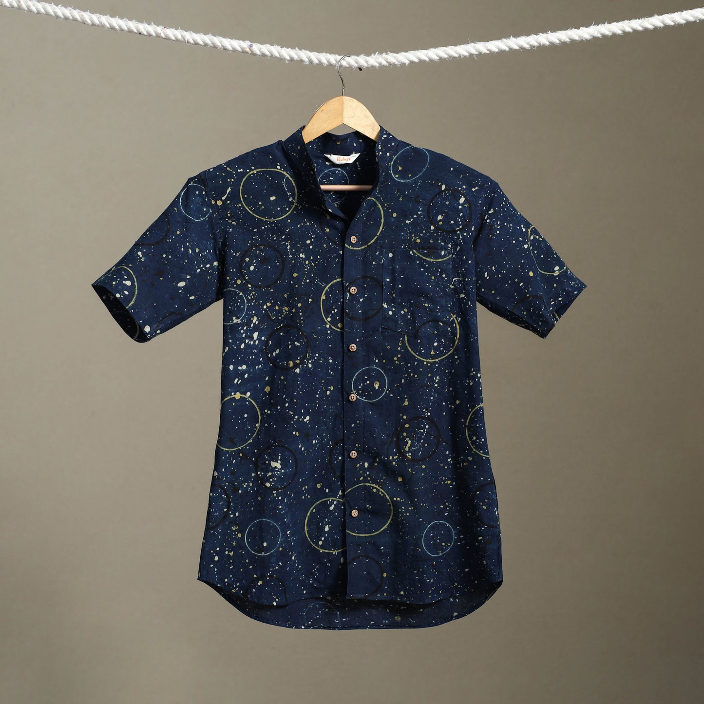 Blue Block Print Cotton Men Half Sleeve Ajrakh Shirt