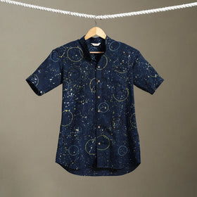 Blue Block Print Cotton Men Half Sleeve Ajrakh Shirt