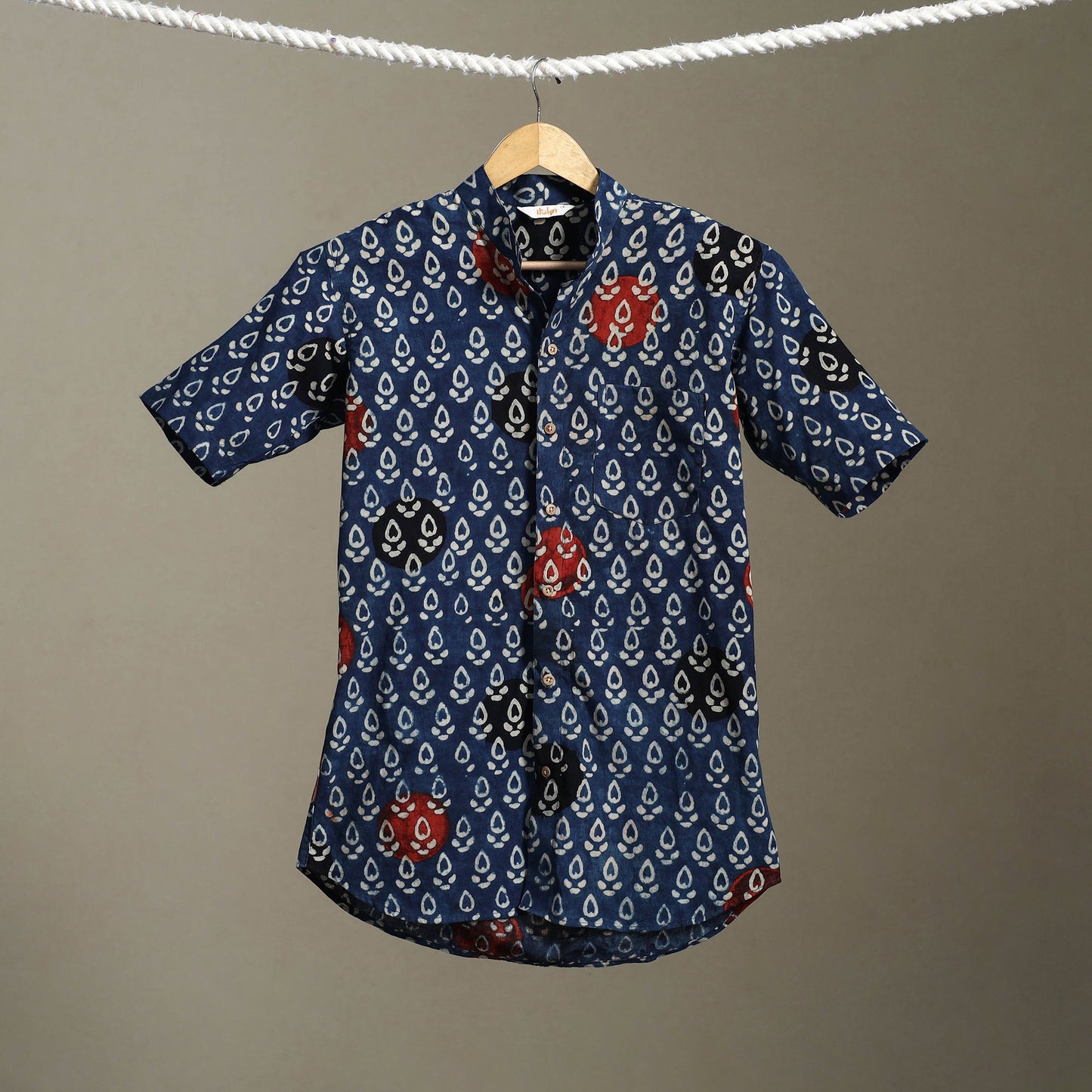 Blue Block Print Cotton Men Half Sleeve Ajrakh Shirt