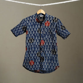 Blue Block Print Cotton Men Half Sleeve Ajrakh Shirt