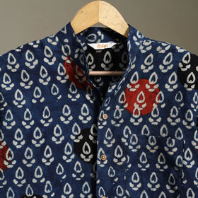 Blue Block Print Cotton Men Half Sleeve Ajrakh Shirt