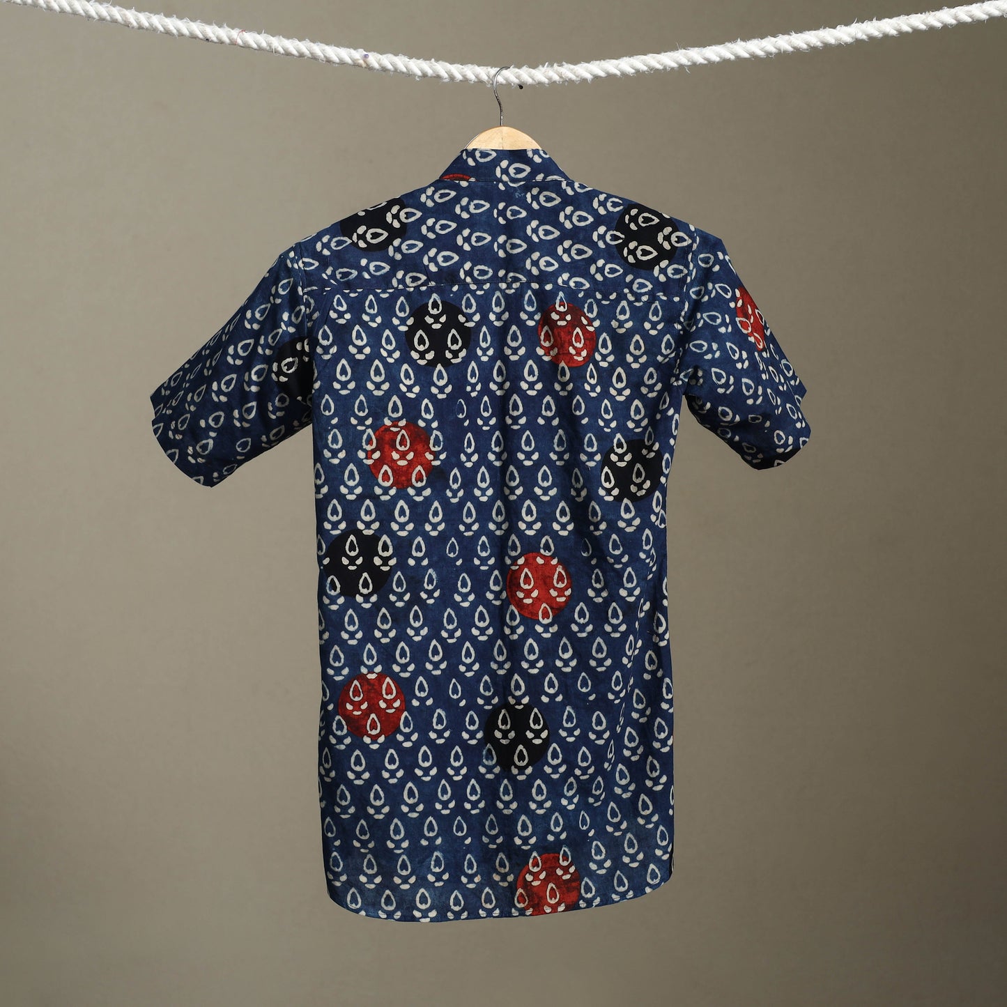 Blue Block Print Cotton Men Half Sleeve Ajrakh Shirt