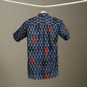 Blue Block Print Cotton Men Half Sleeve Ajrakh Shirt