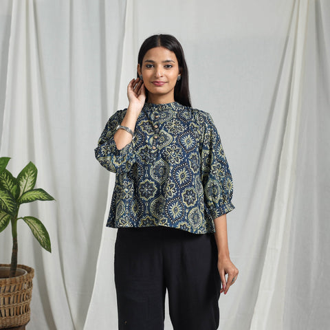 Blue Block Print Cotton Natural Dyed Ajrakh Crop Top