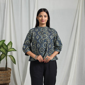 Blue Block Print Cotton Natural Dyed Ajrakh Crop Top