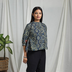 Blue Block Print Cotton Natural Dyed Ajrakh Crop Top