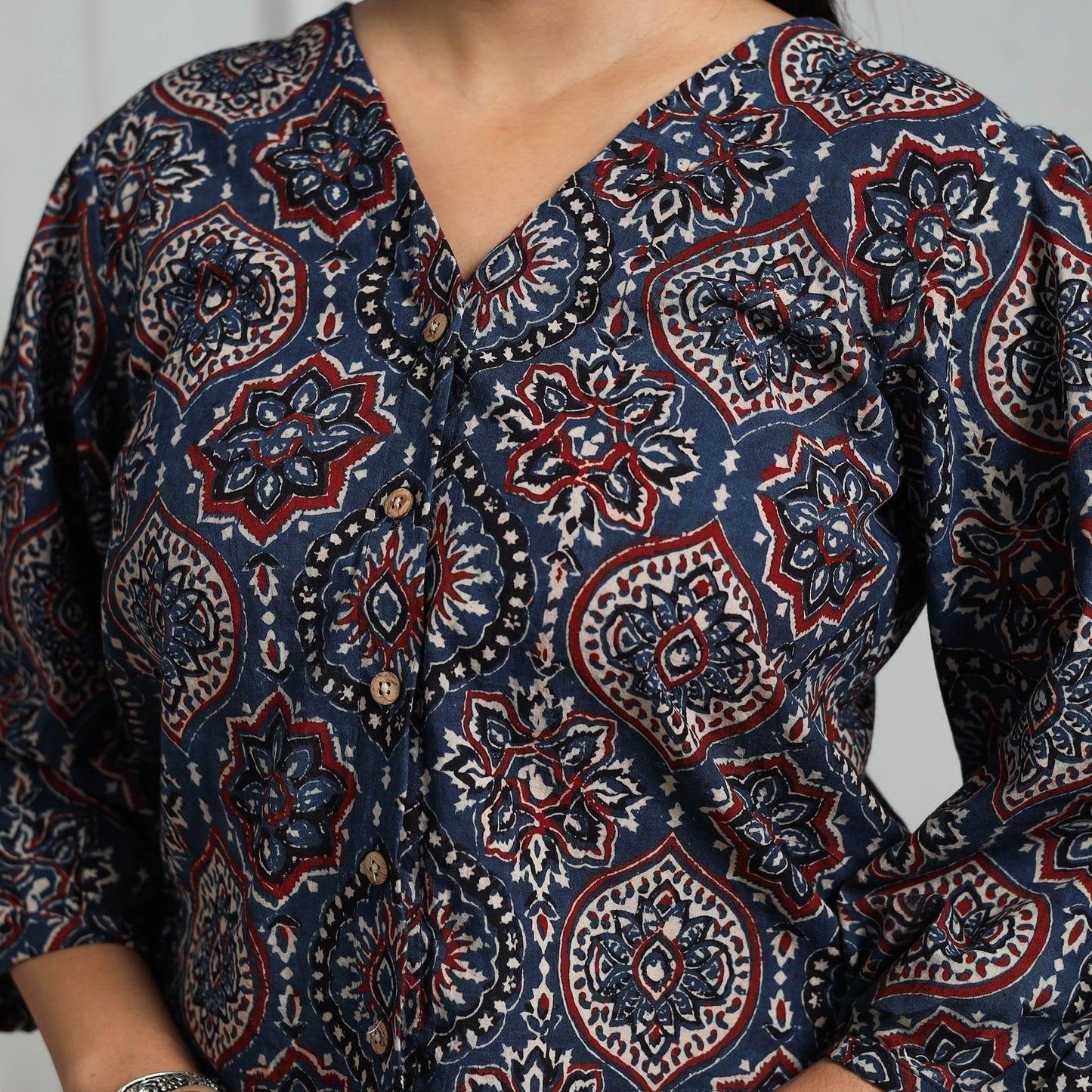 Blue Block Print Cotton Natural Dyed Ajrakh Crop Top