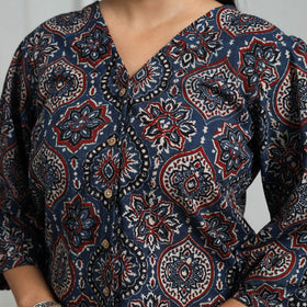 Blue Block Print Cotton Natural Dyed Ajrakh Crop Top