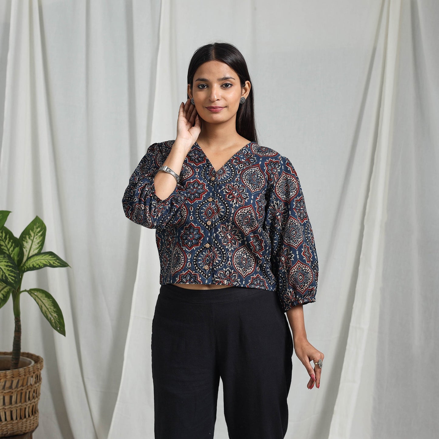 Blue Block Print Cotton Natural Dyed Ajrakh Crop Top