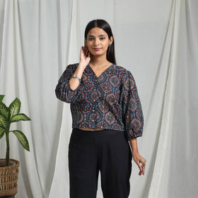 Blue Block Print Cotton Natural Dyed Ajrakh Crop Top