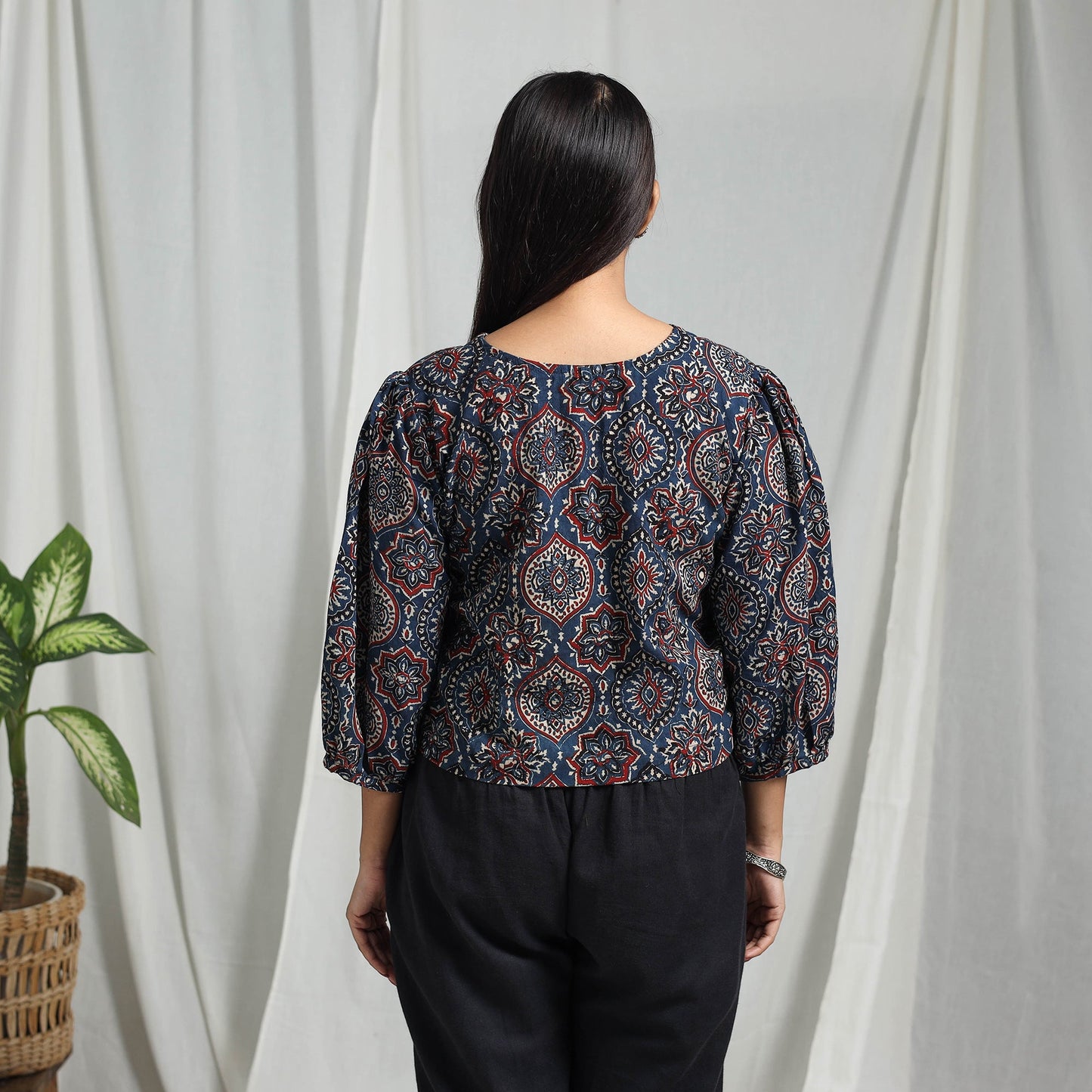 Blue Block Print Cotton Natural Dyed Ajrakh Crop Top