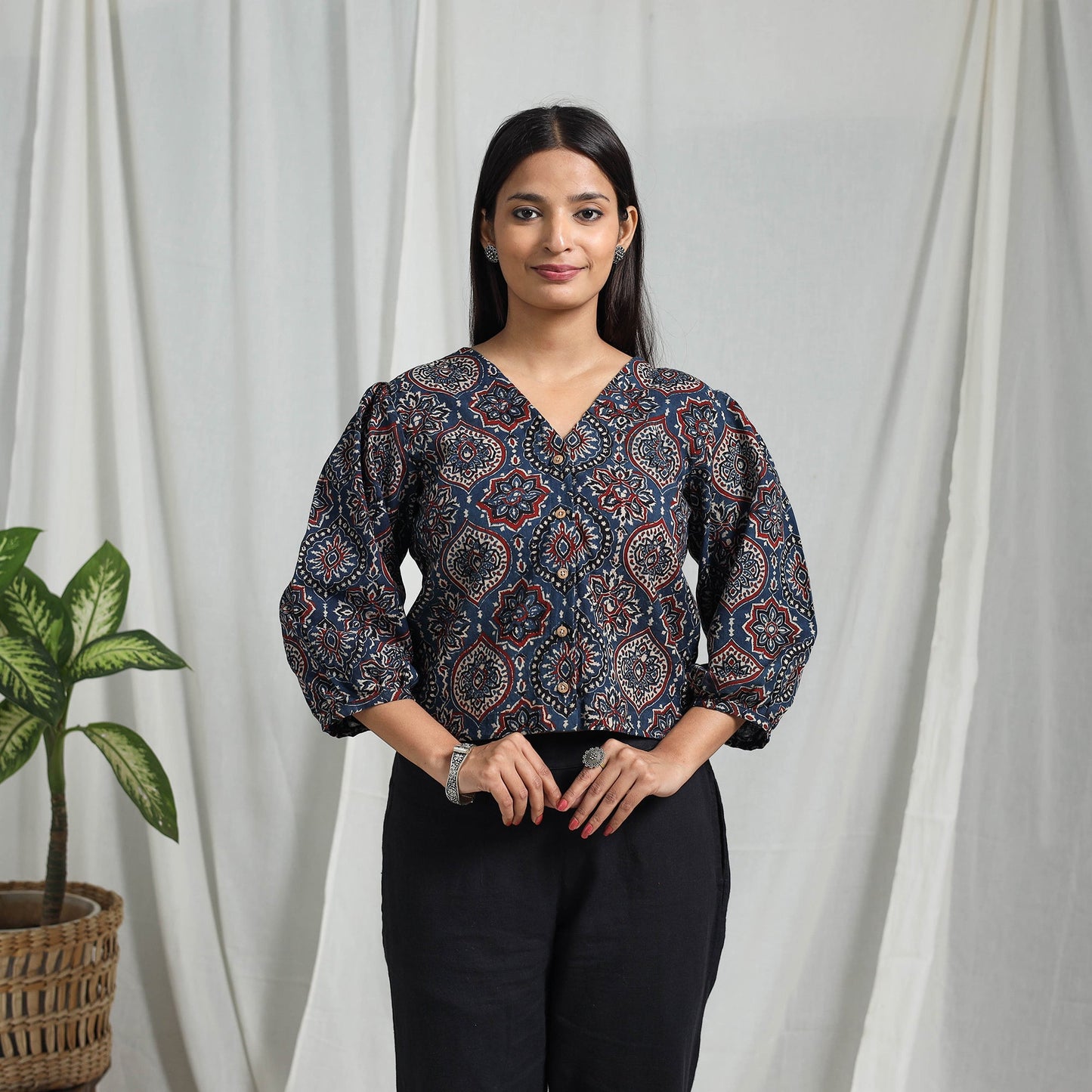 Blue Block Print Cotton Natural Dyed Ajrakh Crop Top