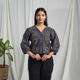 Blue Block Print Cotton Natural Dyed Ajrakh Crop Top
