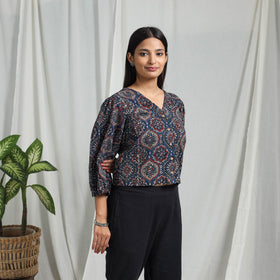 Blue Block Print Cotton Natural Dyed Ajrakh Crop Top