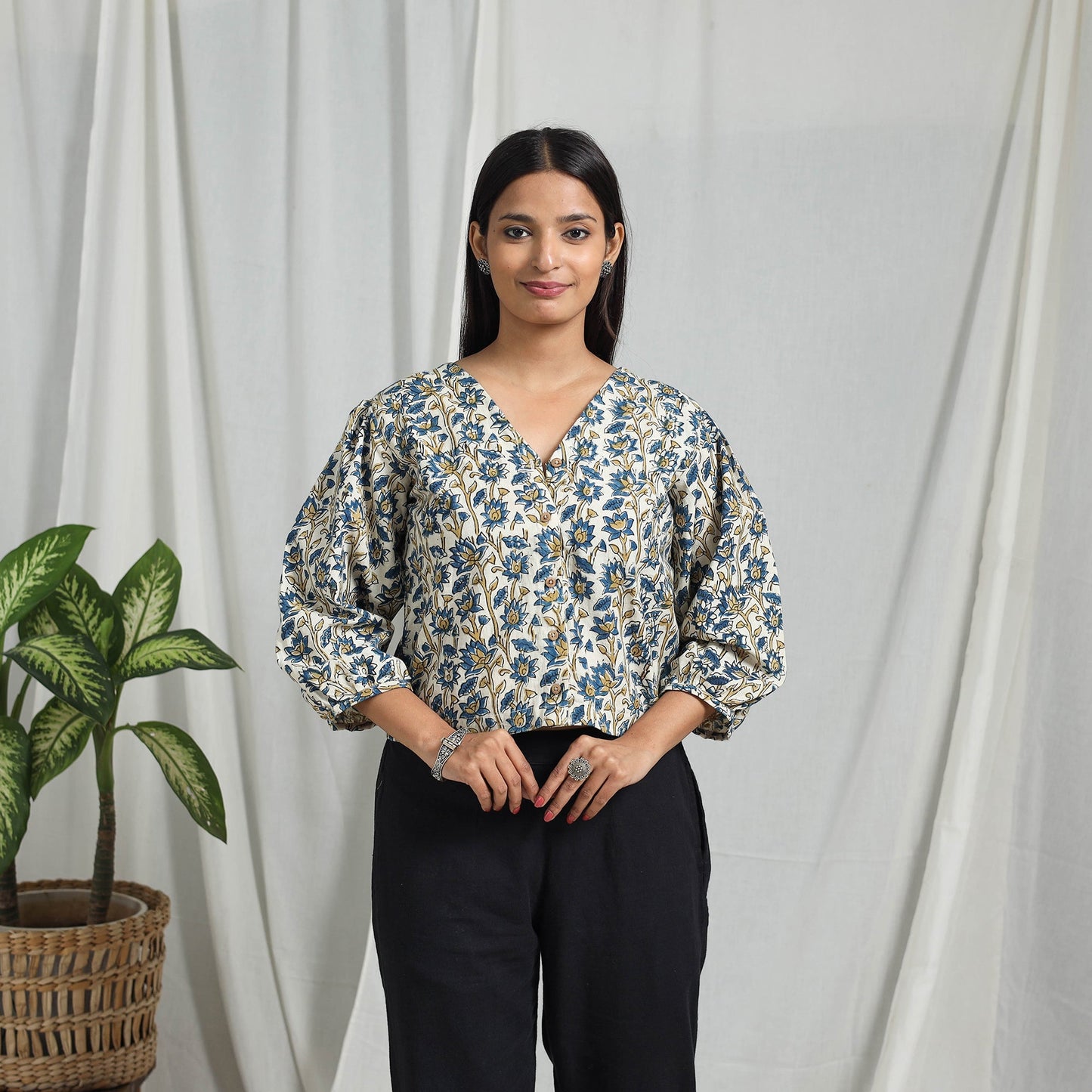 Blue Block Print Cotton Natural Dyed Ajrakh Crop Top