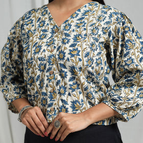 Blue Block Print Cotton Natural Dyed Ajrakh Crop Top