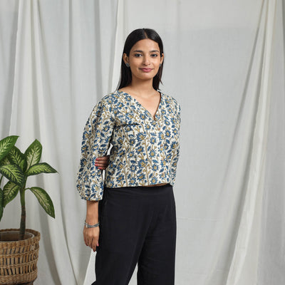 Blue Block Print Cotton Natural Dyed Ajrakh Crop Top