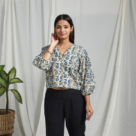 Blue Block Print Cotton Natural Dyed Ajrakh Crop Top