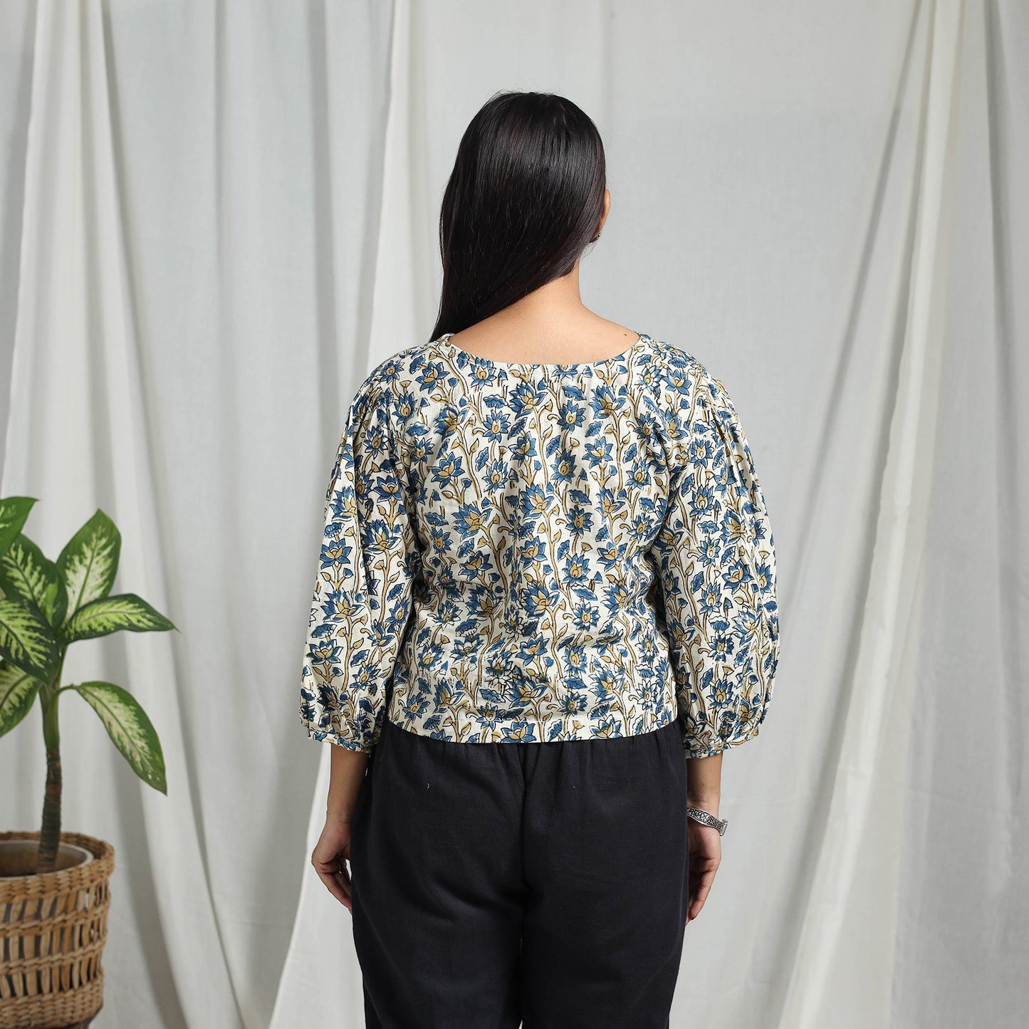 Blue Block Print Cotton Natural Dyed Ajrakh Crop Top