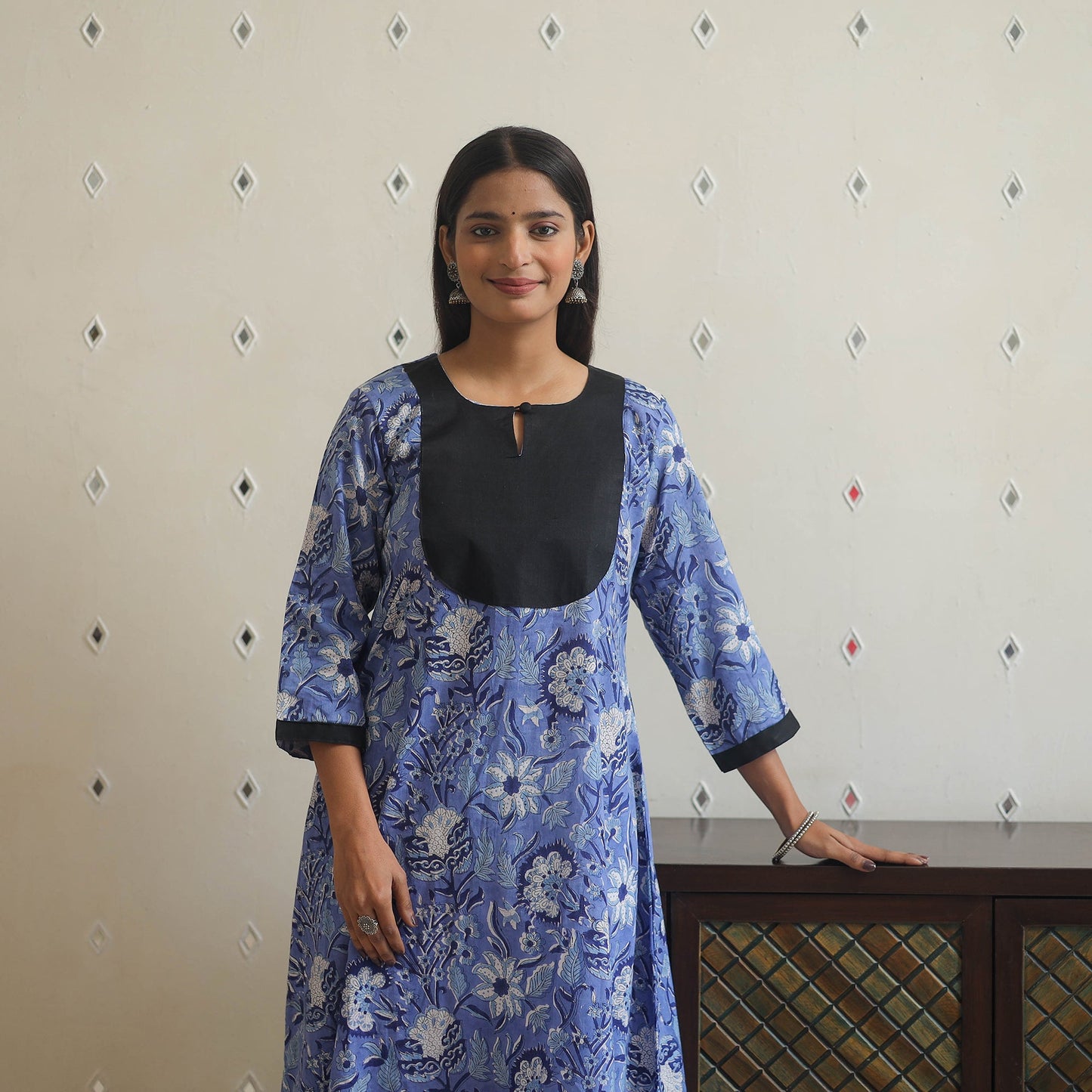 Blue - cotton patchwork a-line sanganeri kurta 08