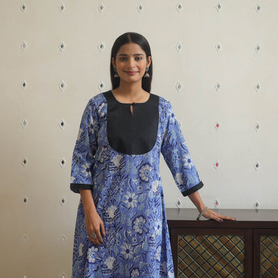 Blue - cotton patchwork a-line sanganeri kurta 08