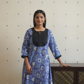 Blue - cotton patchwork a-line sanganeri kurta 08