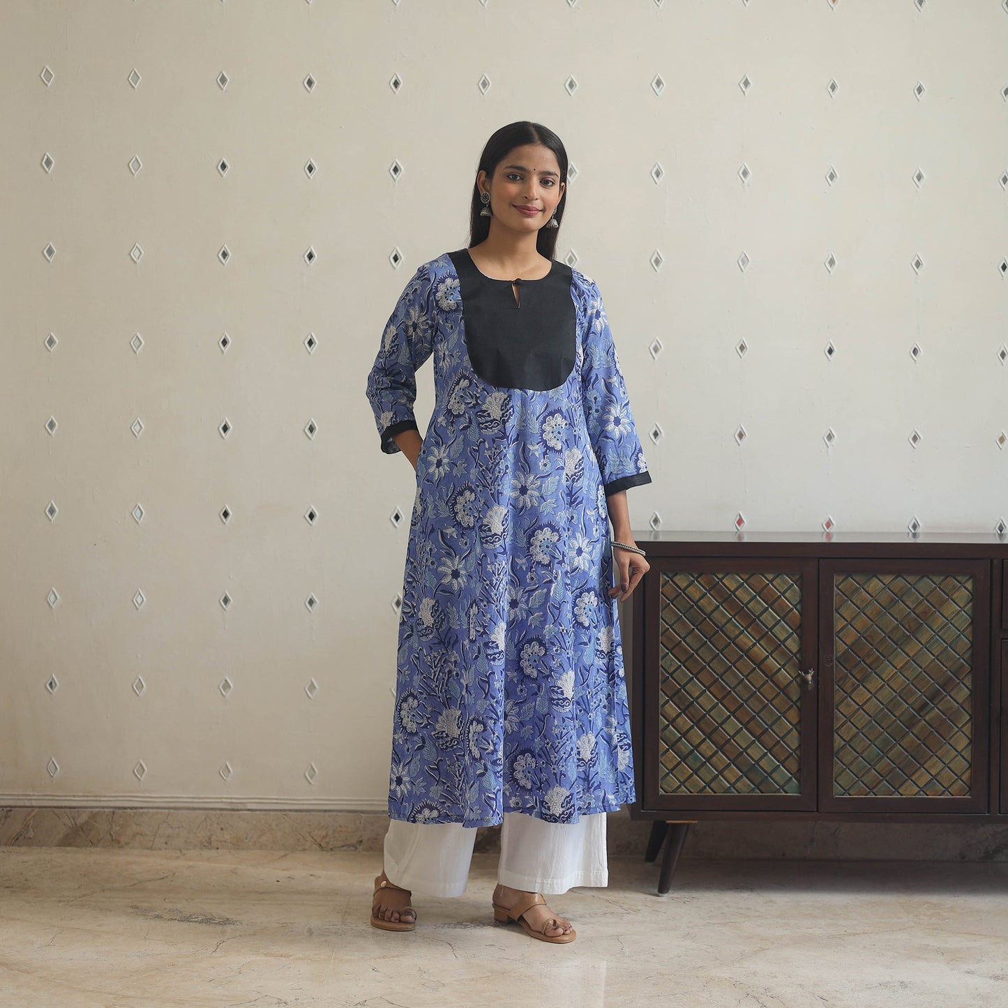 Blue - cotton patchwork a-line sanganeri kurta 08