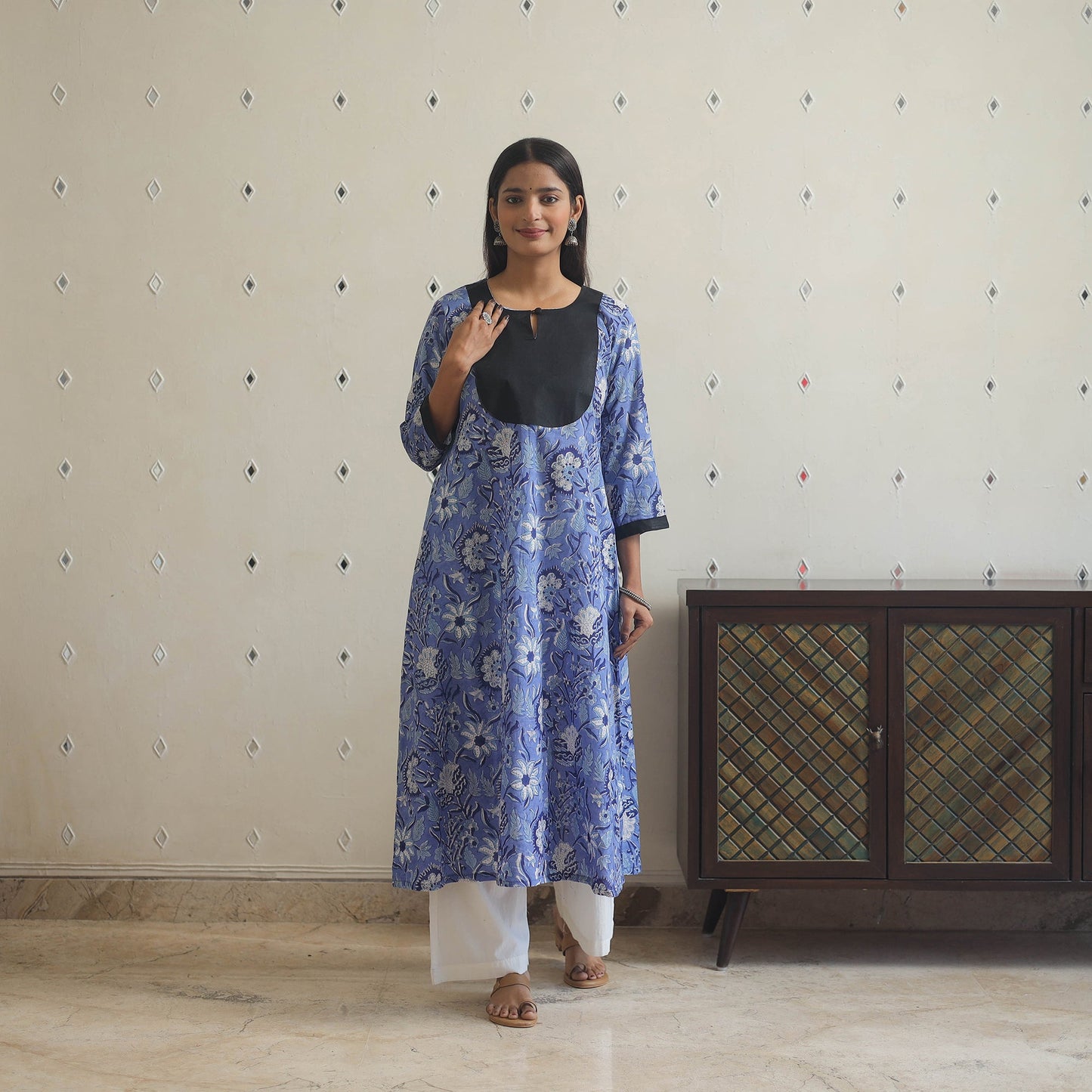 Blue - cotton patchwork a-line sanganeri kurta 08