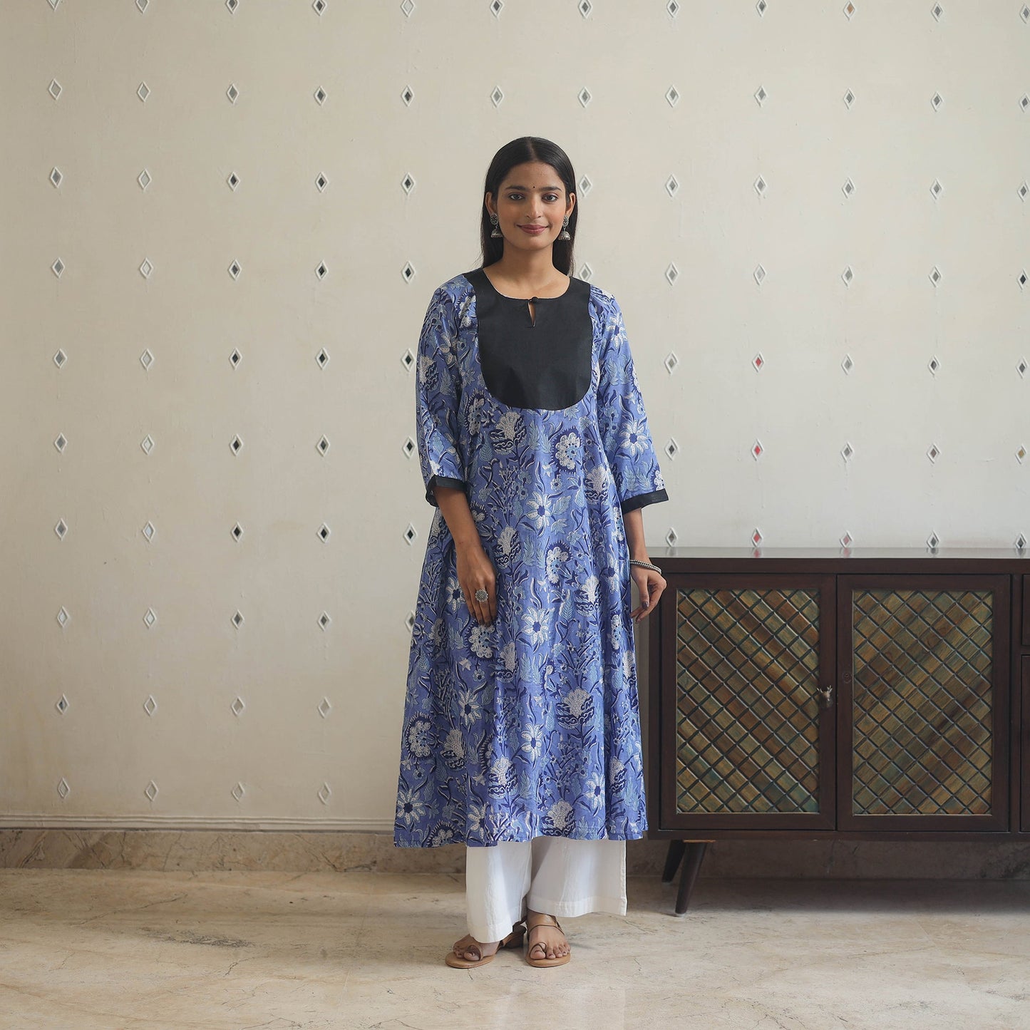 Blue - cotton patchwork a-line sanganeri kurta 08