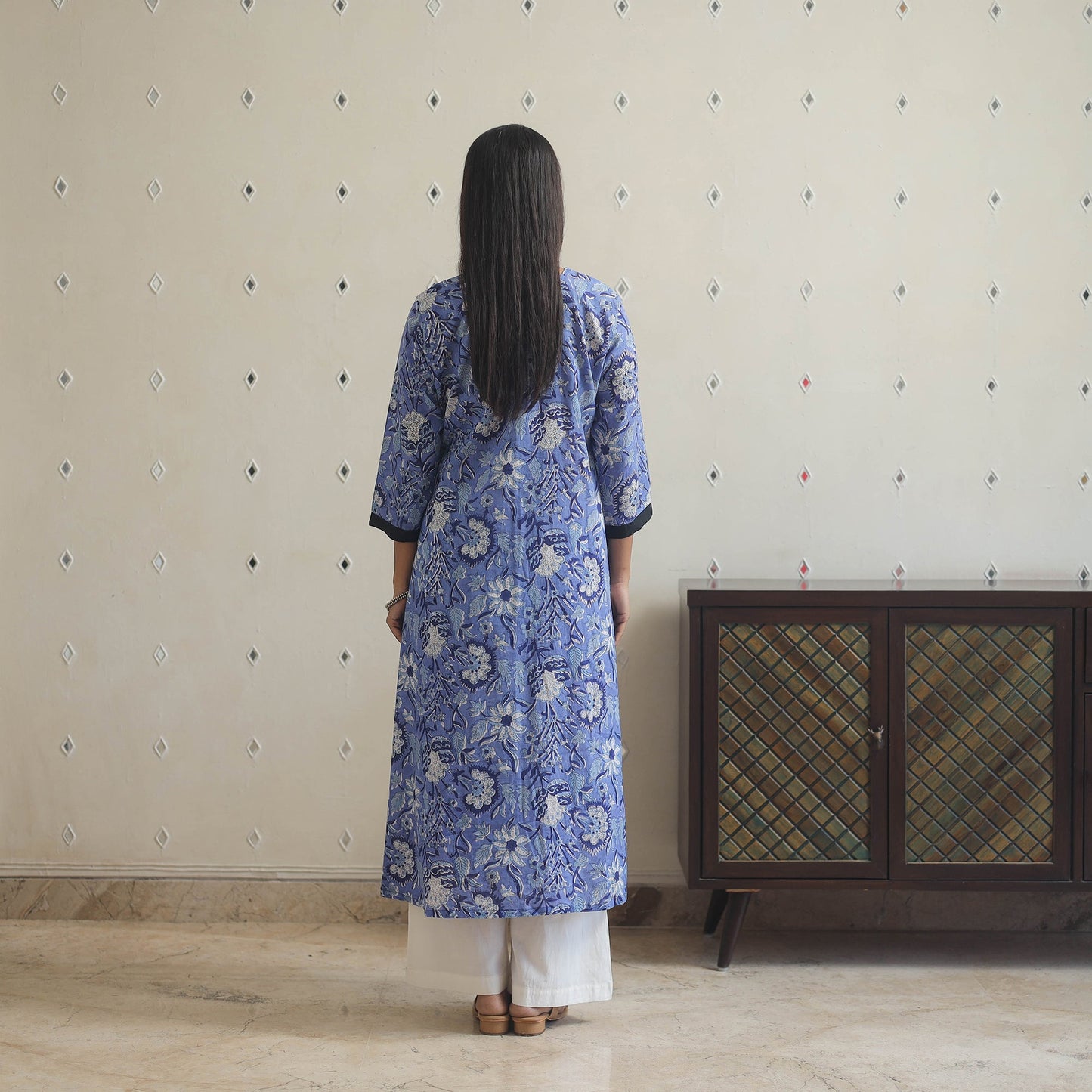 Blue - cotton patchwork a-line sanganeri kurta 08