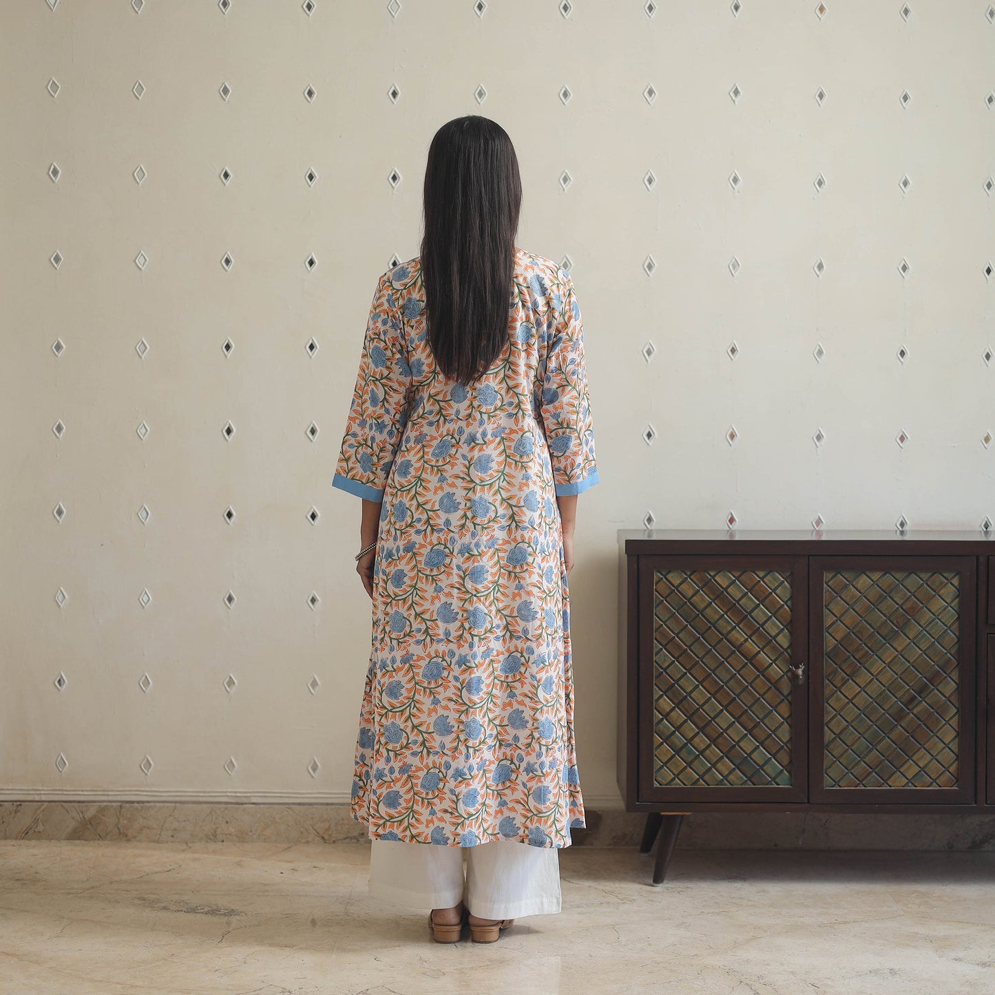 Blue - cotton patchwork a-line sanganeri kurta 09