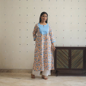 Blue - cotton patchwork a-line sanganeri kurta 09