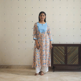 Blue - cotton patchwork a-line sanganeri kurta 09