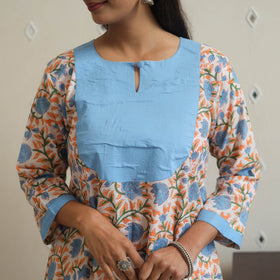 Blue - cotton patchwork a-line sanganeri kurta 09