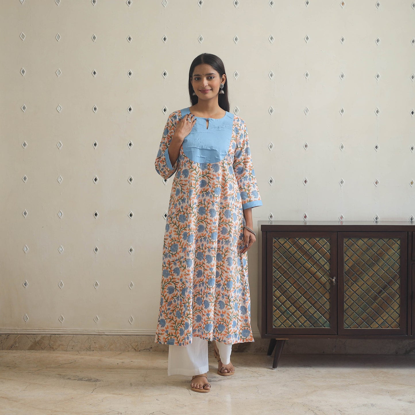 Blue - cotton patchwork a-line sanganeri kurta 09