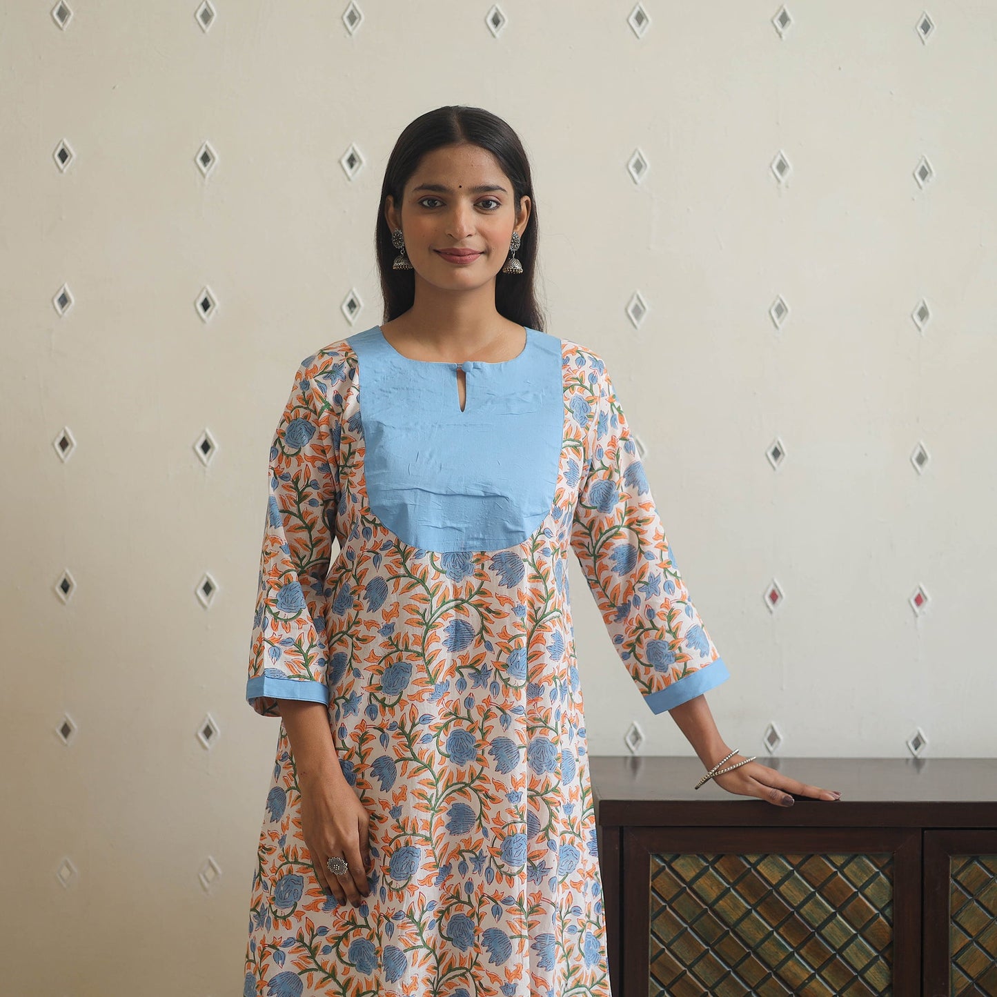 Blue - cotton patchwork a-line sanganeri kurta 09